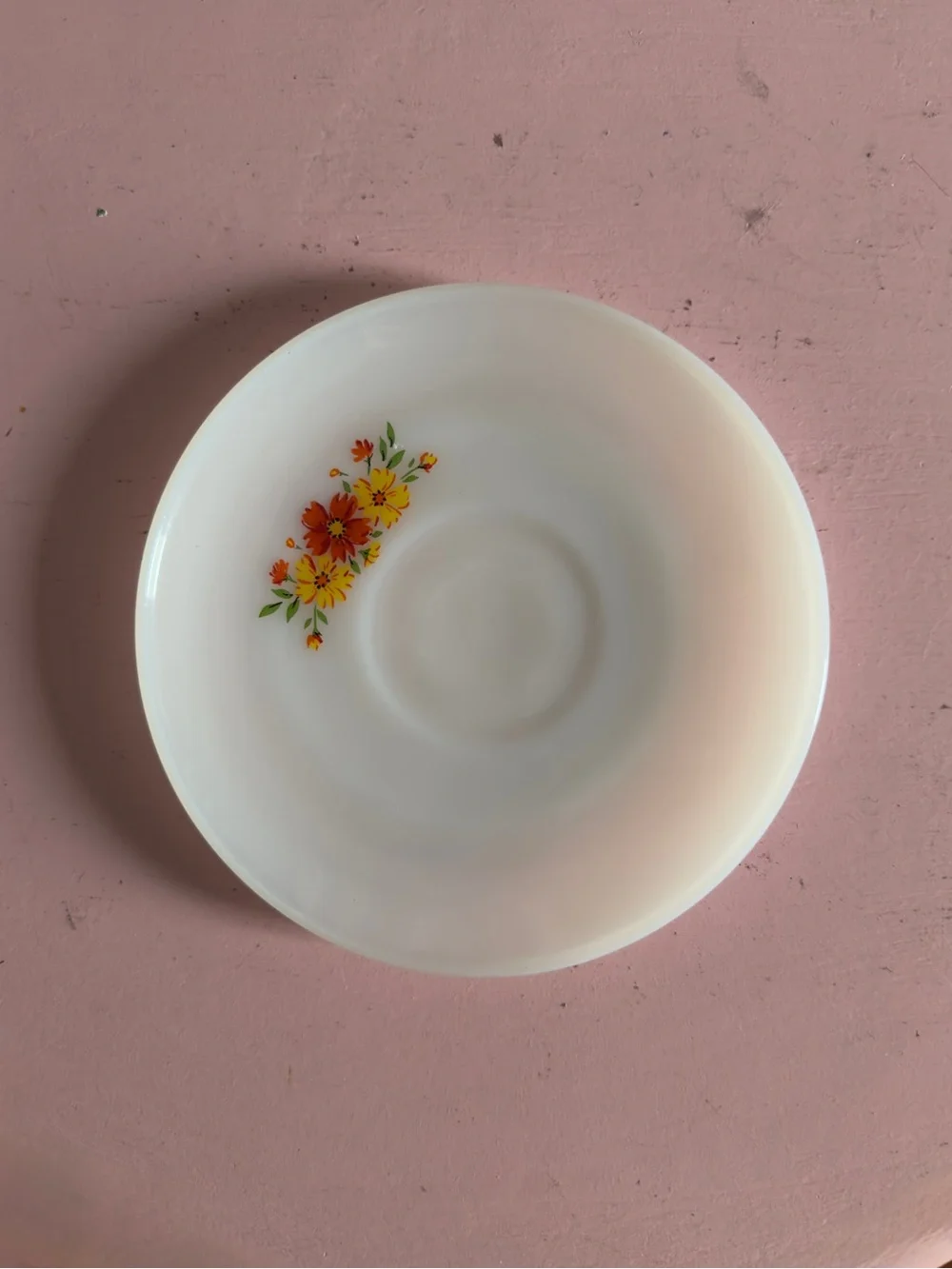 Vintage Anchor Hocking Fire King Ware red floral motif saucer plate 6”